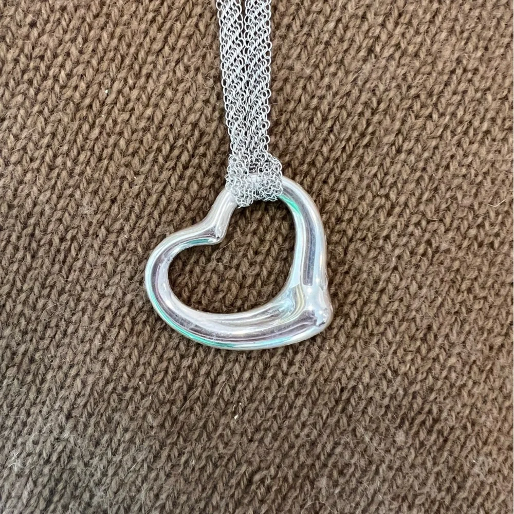 Elsa Peretti Tiffany Large Open Heart Pendant Sterling Silver Mesh Chain In Box - Picture 2 of 10